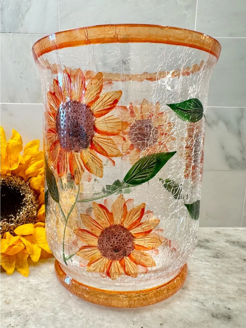 New Yankee Candle Summer Fall Sunflower Crackle Glass Hurricane Candle Holder 7”